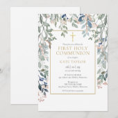 Invitation Première communion florale feuillage (Devant / Derrière)