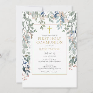 Invitation Première communion florale feuillage