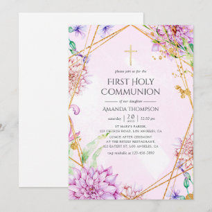 Invitation Première communion florale géométrique violette et