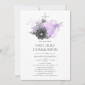 Invitation Première communion florale lilas et charbon (Devant)