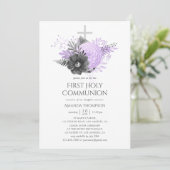 Invitation Première communion florale lilas et charbon (Debout devant)