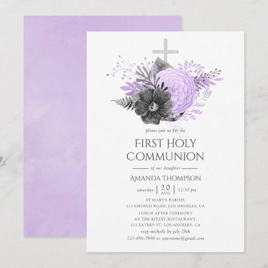 Invitation Première communion florale lilas et charbon (Devant / Derrière)