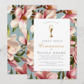 Invitation Première communion florale Magnolia (Devant / Derrière)