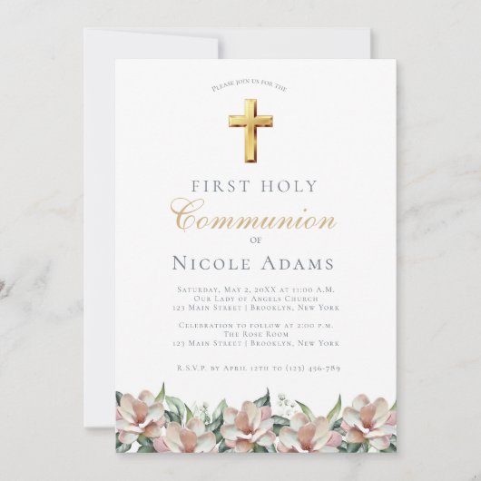 Invitation Première communion florale Magnolia (Devant)