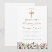 Invitation Première communion florale Magnolia (Devant / Derrière)