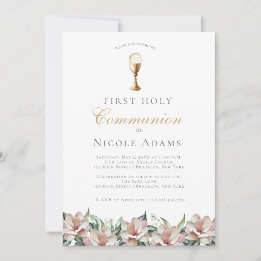 Invitation Première communion florale Magnolia  (Devant)