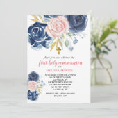 Invitation Première Communion Florale Marine bleu rose (Debout devant)