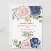 Invitation Première Communion Florale Marine bleu rose (Devant)
