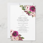 Invitation Première communion florale marsala et blush (Devant)