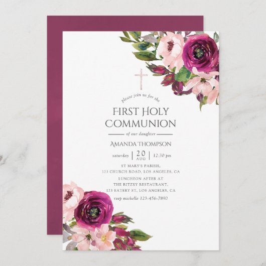 Invitation Première communion florale marsala et blush (Devant / Derrière)