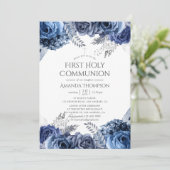 Invitation Première communion florale Navy, Blanc et Argent (Debout devant)