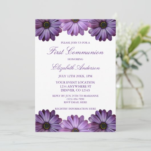 Invitation Première communion florale pourpre (Debout devant)