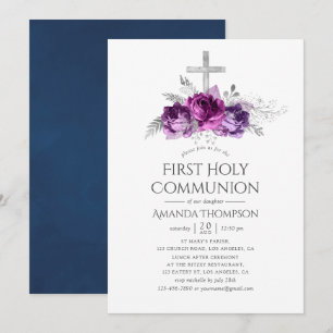 Invitation Première communion florale prune et marine