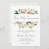 Invitation Première communion florale rose (Devant / Derrière)