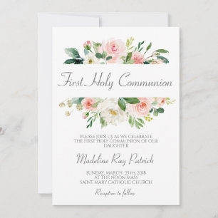 Invitation Première communion florale rose