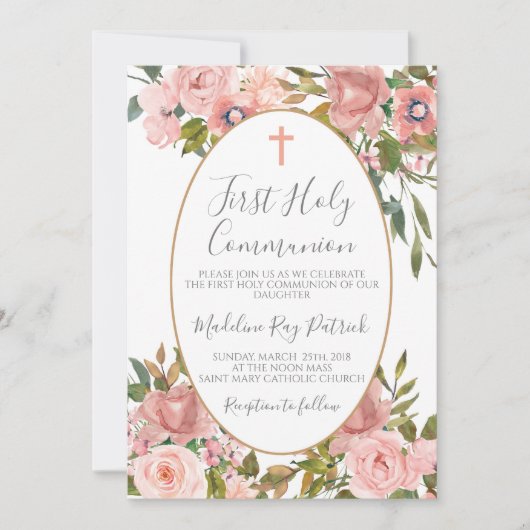 Invitation Première communion florale rose (Devant)