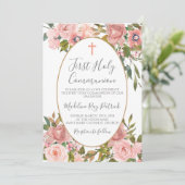 Invitation Première communion florale rose (Debout devant)
