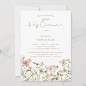 Invitation Première communion florale rose (Devant)