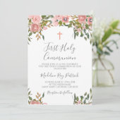 Invitation Première communion florale rose (Debout devant)