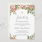 Invitation Première communion florale rose (Devant / Derrière)