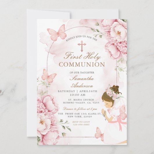 Invitation Première communion florale rose avec fille (Devant)