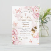 Invitation Première communion florale rose avec fille (Debout devant)