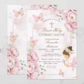 Invitation Première communion florale rose avec fille (Devant / Derrière)