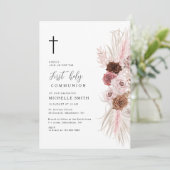Invitation première communion florale rose boho poussiéreuse (Debout devant)