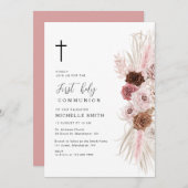 Invitation première communion florale rose boho poussiéreuse (Devant / Derrière)
