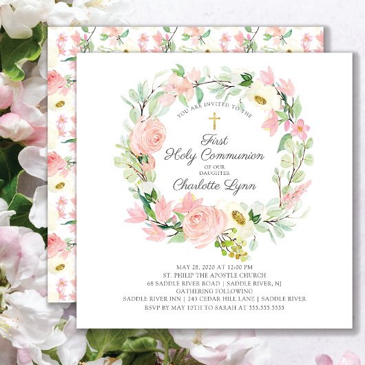 Invitation Première communion florale rose chic et élégant