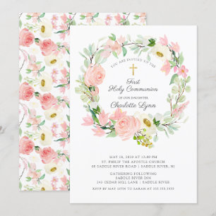 Invitation Première communion florale rose chic et élégant