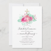 Invitation Première communion florale rose et menthe (Devant)