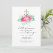 Invitation Première communion florale rose et menthe (Debout devant)