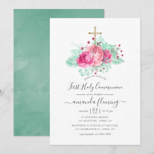 Invitation Première communion florale rose et menthe (Devant / Derrière)