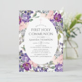 Invitation Première communion florale rose et prune (Debout devant)