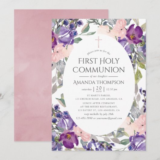 Invitation Première communion florale rose et prune (Devant / Derrière)