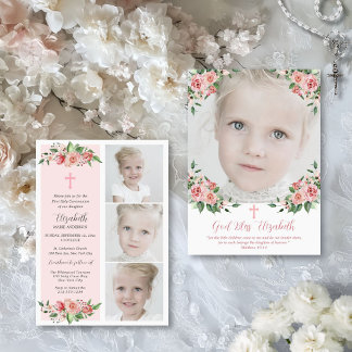 Invitation Première communion florale rose multiphoto pour fi