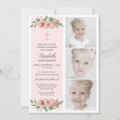 Invitation Première communion florale rose multiphoto pour fi (Devant)