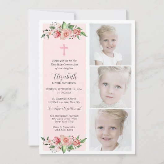 Invitation Première communion florale rose multiphoto pour fi (Devant)