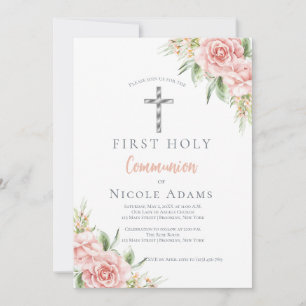 Invitation Première communion florale rose pâle élégante
