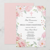 Invitation Première communion florale rose pâle rose (Devant / Derrière)