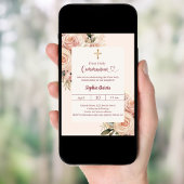 Invitation Première communion florale rose poussiéreux ivoire