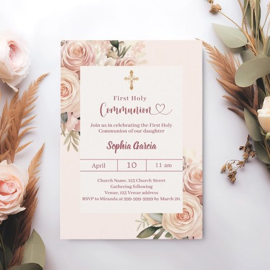 Invitation Première communion florale rose poussiéreux ivoire
