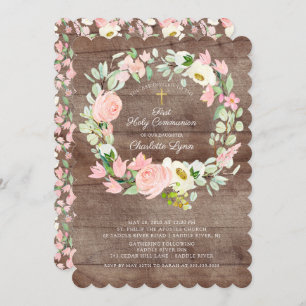 Invitation Première communion florale rose rose rouge rustiqu