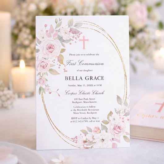 Invitation Première communion florale rose rose rustique