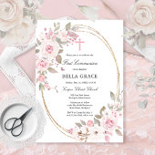 Invitation Première communion florale rose rose rustique