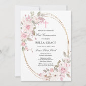 Invitation Première communion florale rose rose rustique (Devant)
