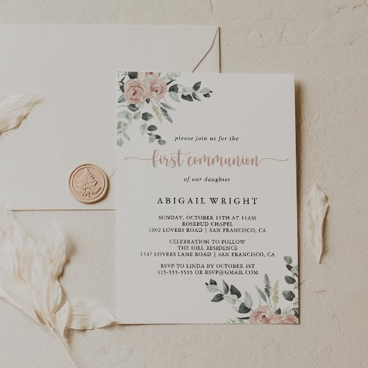Invitation Première communion florale rose rouille classique