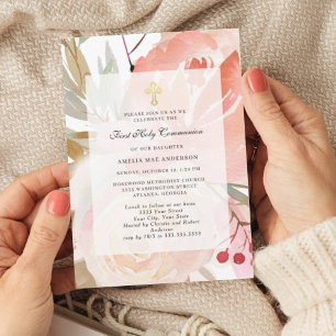 Invitation Première communion florale rose tendre