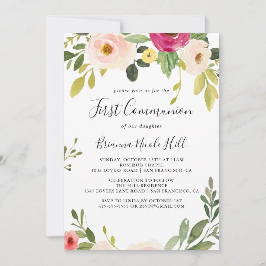 Invitation Première communion florale rose vert (Devant)